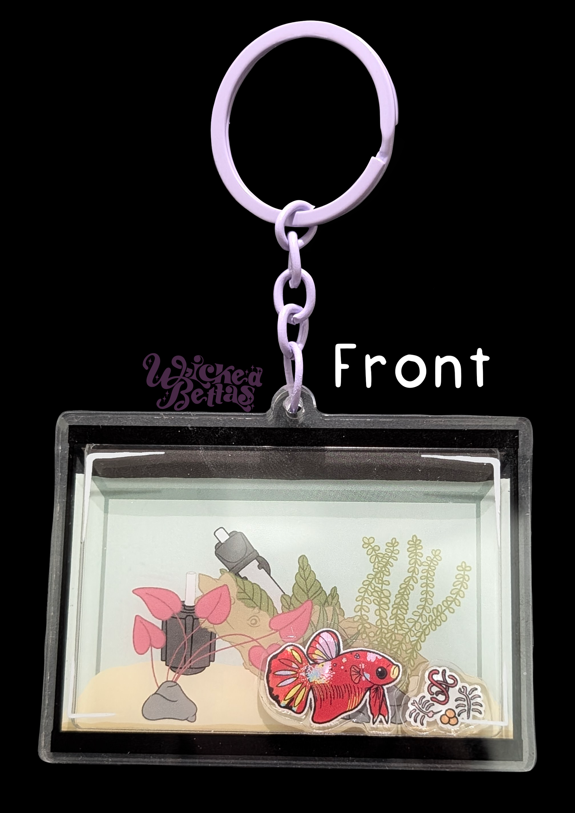 Fish tank shaker charm with moveable betta fish and food charms