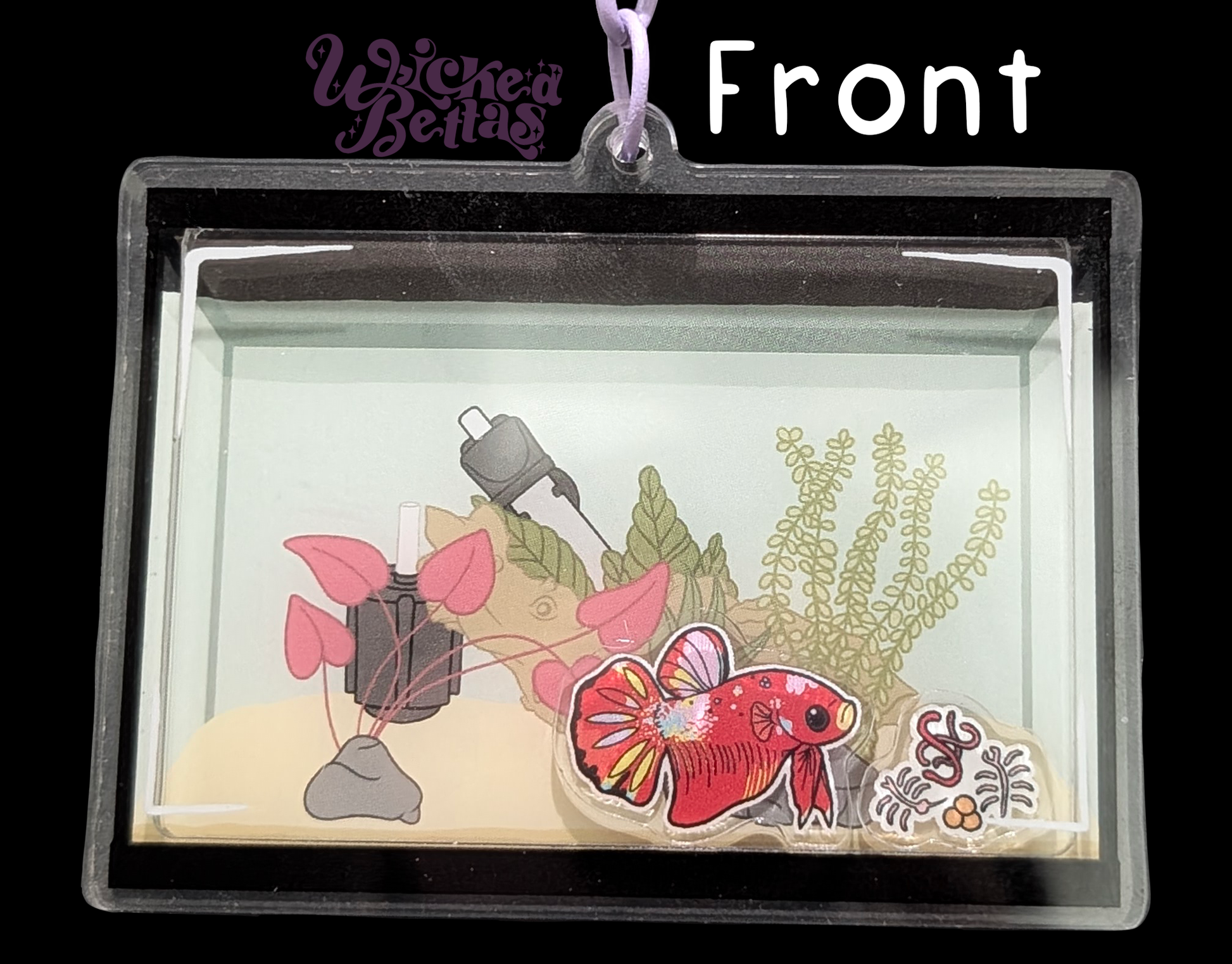 Fish tank shaker charm with moveable betta fish and food charms